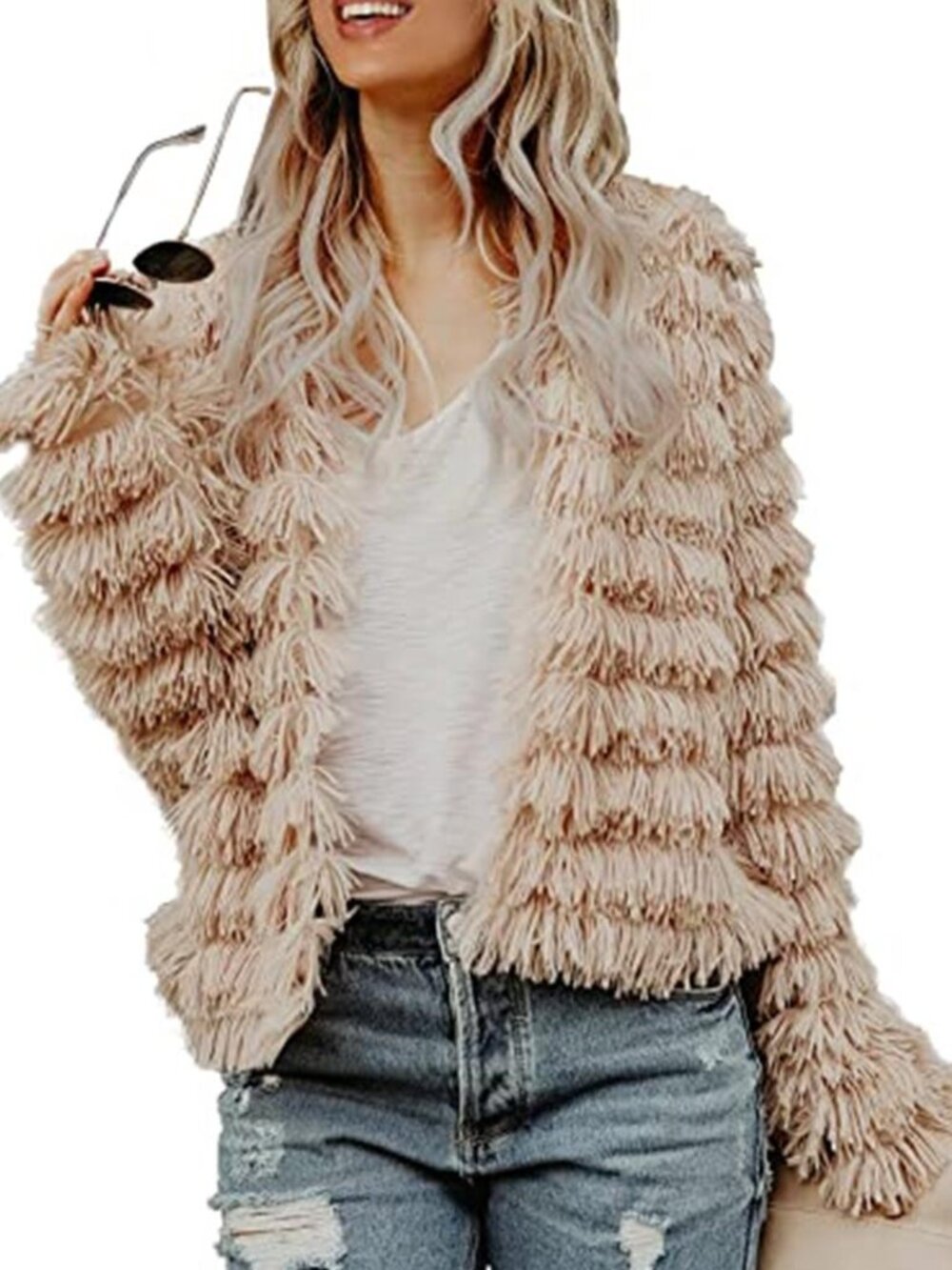 Light Beige Shaggy Faux Fur Jacket Open Front Fringe Cardigan Boho Coat